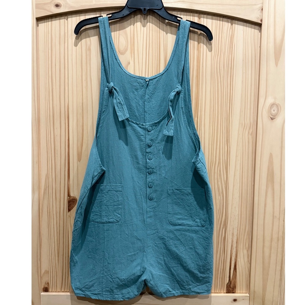 Womens Teal Blue Textured Button Front Tie Strap Pocket Romper XL